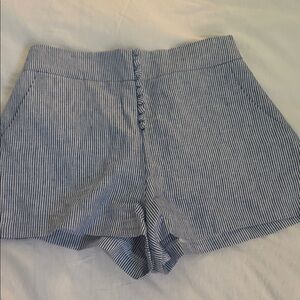 Olivaceous Blue and White Pinstripe High-Waist Shorts